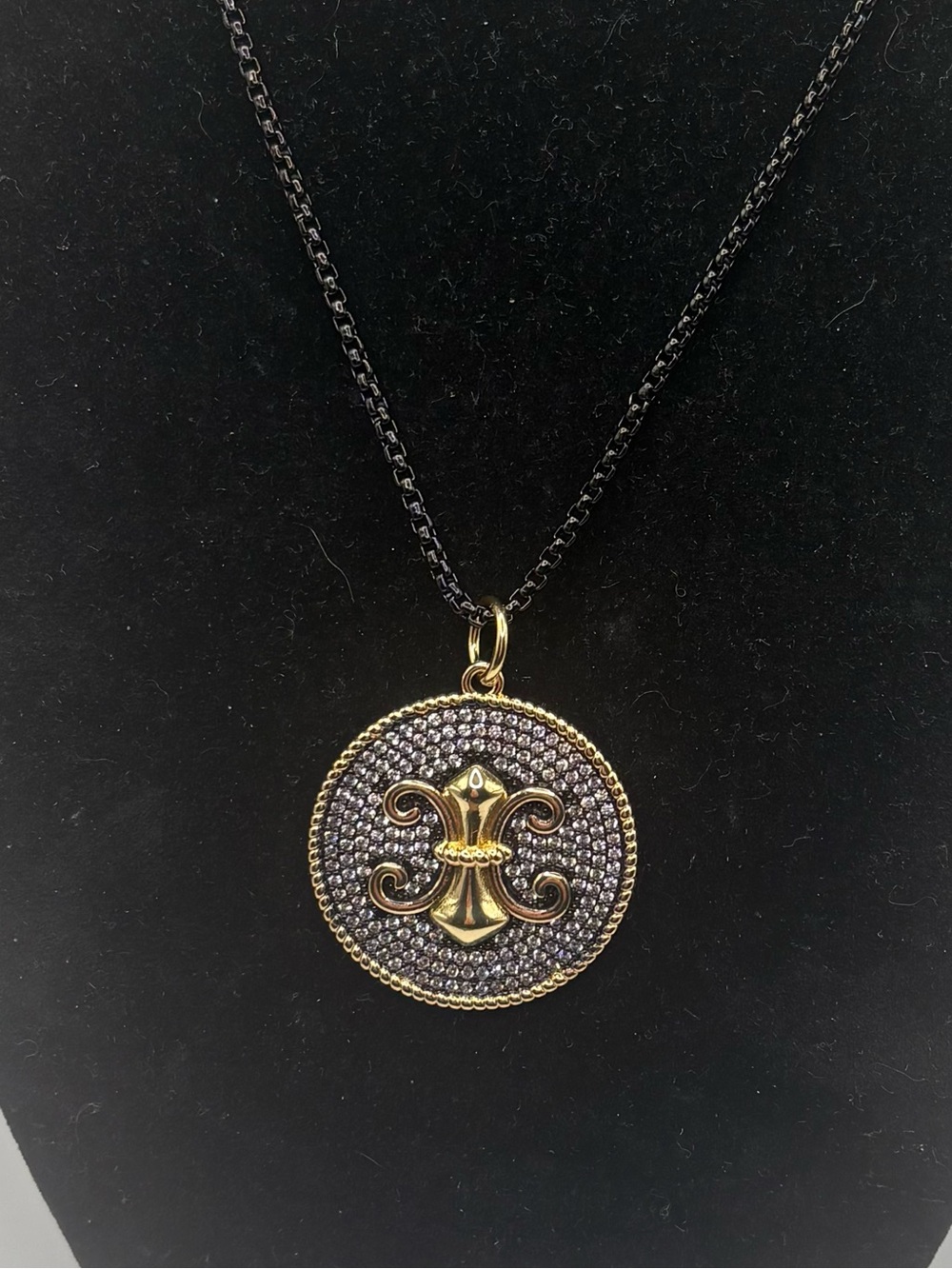 NEW Black & Gold Fleur-de-Lis Pavé Crystal Pendant Necklace 24”